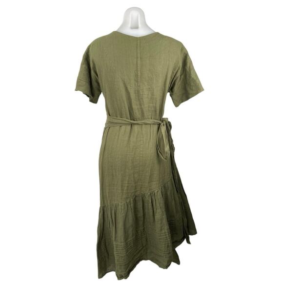 Apiece Apart Green 100% Linen Short Sleeve Ruffle A Line Wrap Maxi Dress Size M - Picture 3 of 5